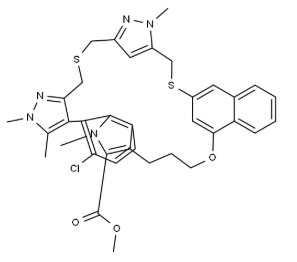 22H-9,4,8-(Metheniminomethyno)-14,20:26,23-dimetheno-10H,20H-pyrazolo[4,3-l][2,15,22,18,19]benzoxadithiadiazacyclohexacosine-32-carboxylic acid, 5-chloro-2,11,12,24,27,29-hexahydro-2,3,24,33-tetramethyl-, methyl ester